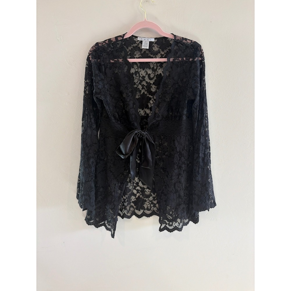 Cabi Black Floral Lace Tie Front Cardigan Sheer Empire Waist Bell Sleeve M 488